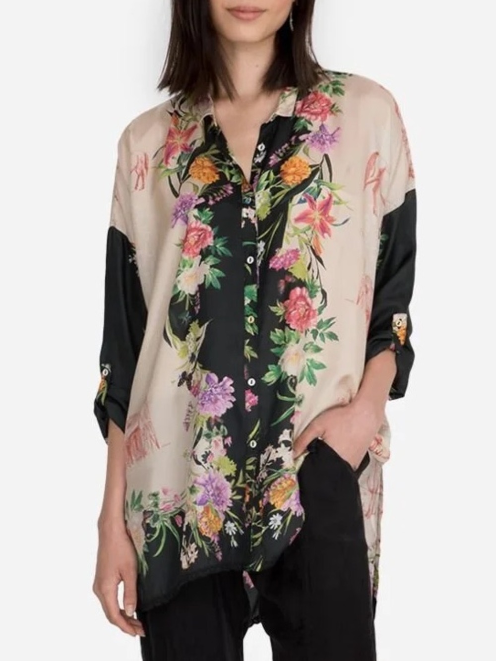 JOHNNY WAS Floral Mandiya Oversized Shirt Top Cream Horse Equestrian Silk LARGE